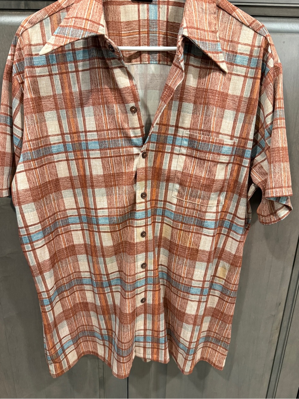 Vintage 70s Joel Cal Made Dagger Collar Plaid Shirt XL Disco Rust Orange Califor